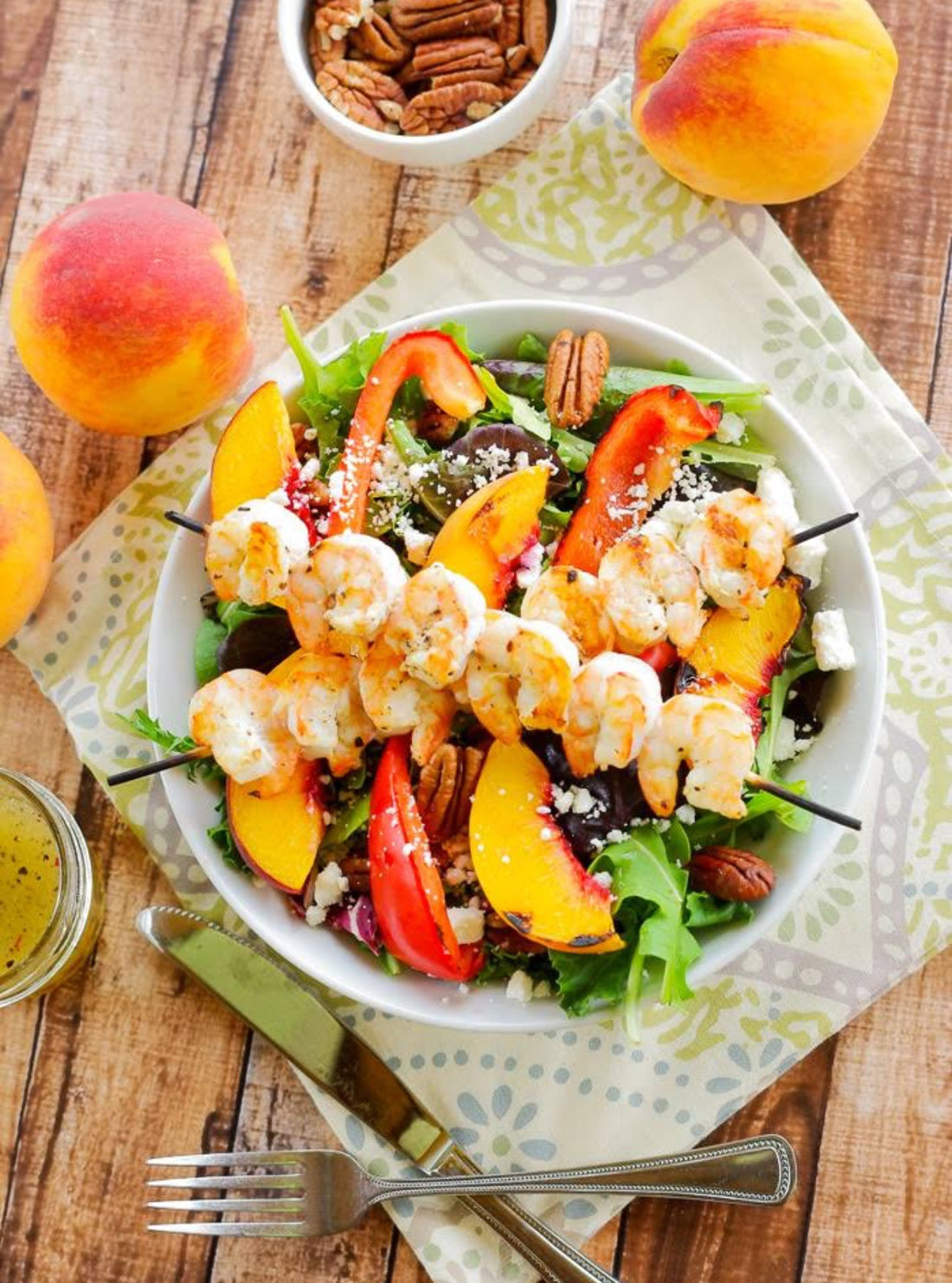 Grilled Shrimp, Peach & Goat Cheese Salad with JJS OWN White Balsamic Vinaigrette