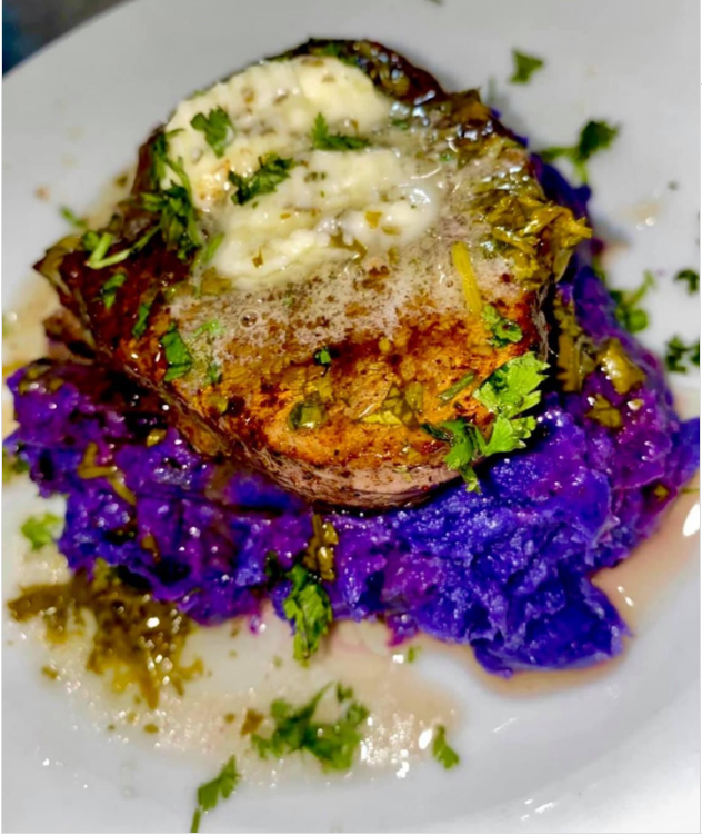 Purple Mashed Potatoes and filet mignon topped with JJS OWN Cilantro Lime Butter.