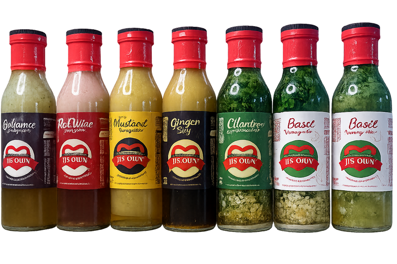 Row of eight bottles with red caps and colorful labels on a white background